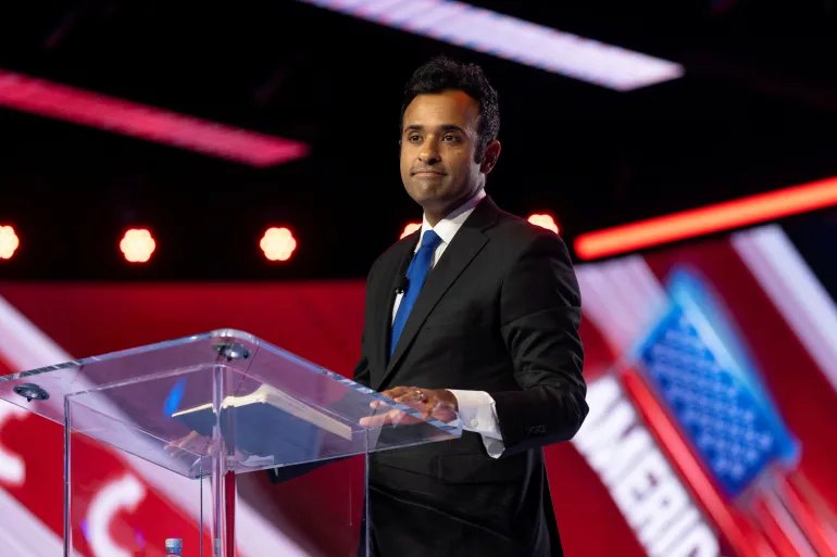 Vivek Ramaswamy looks on during AmericaFest, the first Turning Point USA summit since the death of Charlie Kirk,