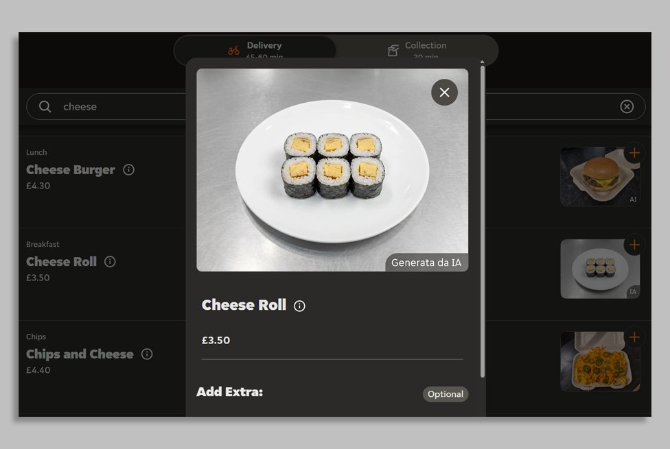 A screenshot of an AI-generated image on Just Eat showing a white plate of sushi rolls with cheese in them. The description says "Cheese Roll".