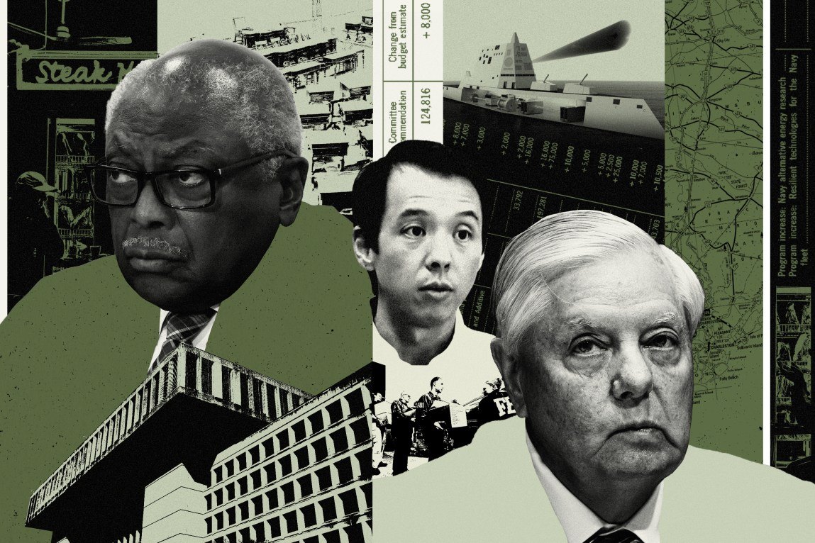A collage illustration that conveys the concept of secretive deals involving political figures and a military defense contractor. The central focus of the image suggests a connection between three individuals. In the bottom left corner there is an image of the J. Edgar Hoover Federal Bureau of Investigation building in Washington, D.C.; in the top left there is an image of a steakhouse; at the top, just left of center is an image of a capitol building hearing room; in the top center, and just be