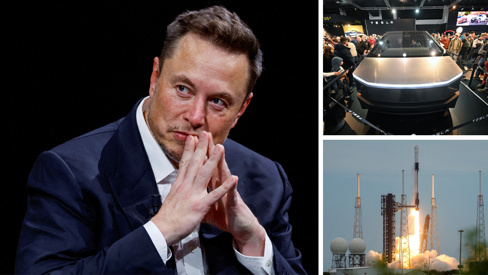 A composite picture shows Elon Musk wearing a blue suit jacket and white shirt next to a photo of a Tesla car and a picture of a SpaceX rocket taking off
