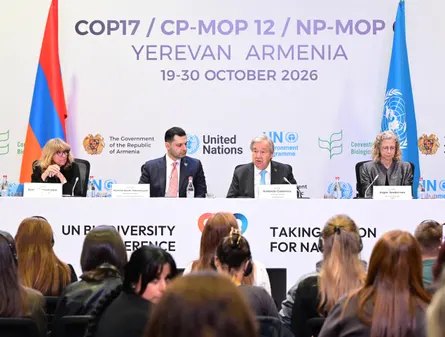 Two white men in suits, and two white women sit at a table on a dais in front of a room of people with the Armenian and UN flags either side