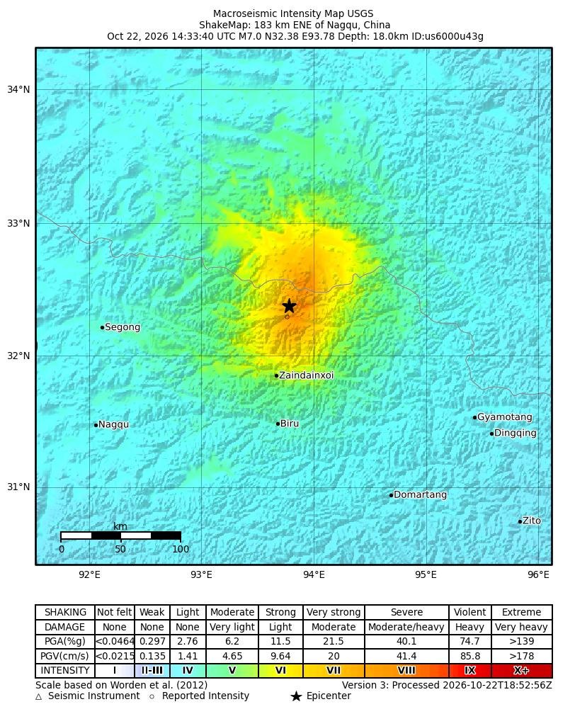 USGS Shakemap of the earthquake that struck Tibet on October 22, 2026. Photo: US Geological Survey.