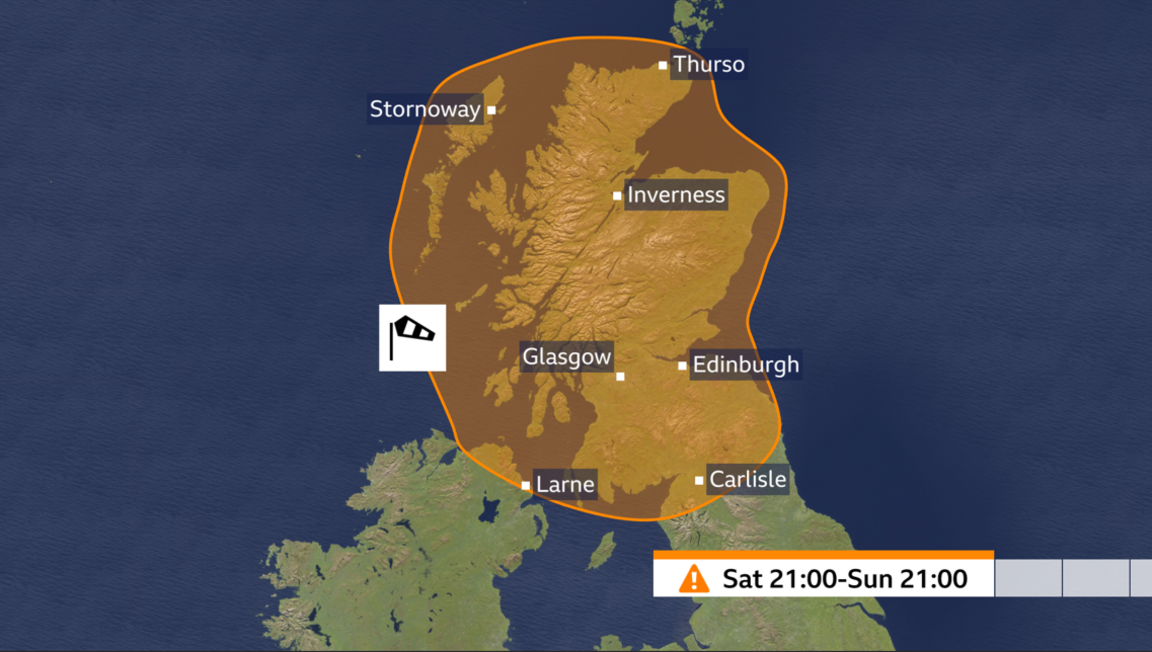 An amber weather warning for Saturday and Sunday covering parts of Scotland, Northern Ireland, north-east and north-west England.