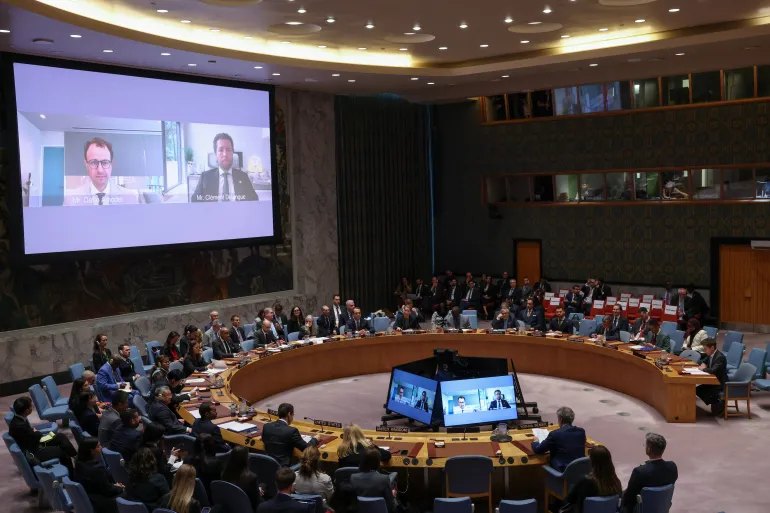 Clement Delangue, co-founder and CEO of Hugging Face, and Dario Amodei co-founder of Anthropic address the United Nations Security Council via video link during a session on Artificial Intelligence during the 81st United Nations General Assembly, at UN Headquarters in New York City, US, September 23, 2026. REUTERS/Brendan McDermid
