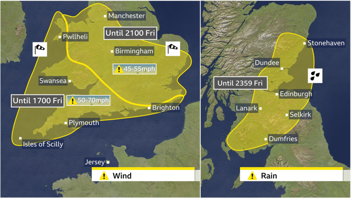 A graphic showing two yellow weather warnings for wind, and one for rain in effect across parts of the UK on Friday.
